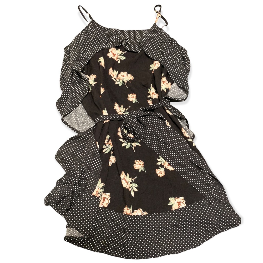 Lulu’s | Women’s | Black w/ White Polka Dots Floral | Ruffle Wrap Mini Dress | S